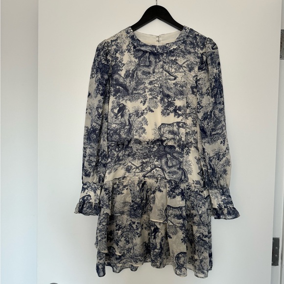 Bloomingdale’s Aqua Toile Print Ruffled Long Sleeve Dress - Picture 2 of 5